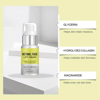 Retinol Serum: Nourishes, hydrates, and firms the skin; reduces fine lines and dark circles; minimizes pores; antioxidant and anti-aging.